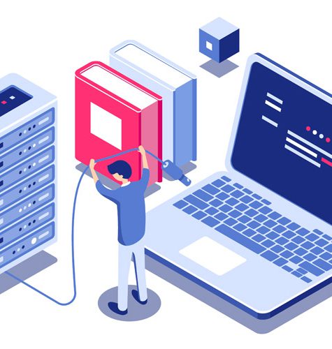 Server room cabinet, data center and database isometric icon, server rack farm, blockchain technology, web hosting, data security, cloud storage, personal data protection, flat vector illustration